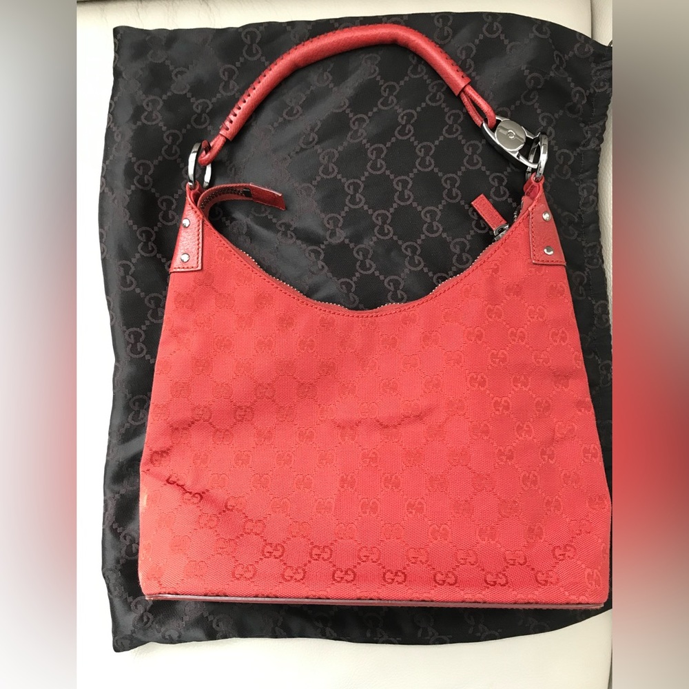 Gucci Vintage Red GG Canvas Ring Handle Shoulder Bag